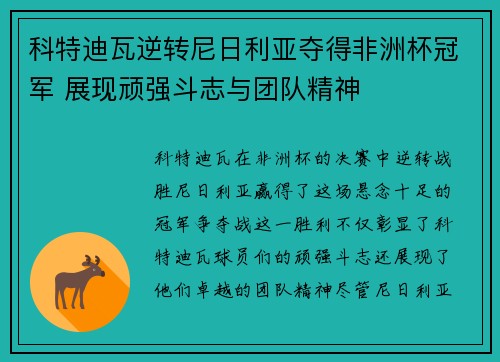 科特迪瓦逆转尼日利亚夺得非洲杯冠军 展现顽强斗志与团队精神 科特迪瓦逆转尼日利亚夺得非洲杯冠军 展现顽强斗志与团队精神