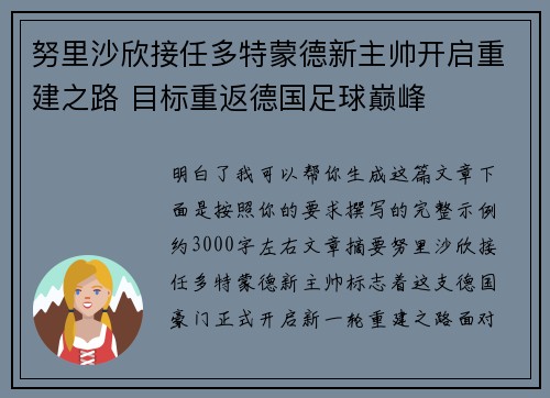 努里沙欣接任多特蒙德新主帅开启重建之路 目标重返德国足球巅峰 努里沙欣接任多特蒙德新主帅开启重建之路 目标重返德国足球巅峰